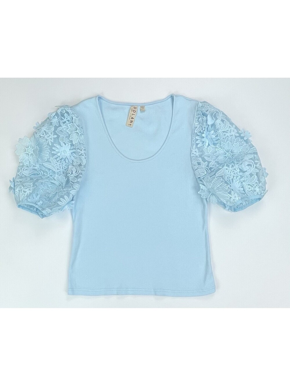 Anthropologie Dolan Blue Ribbed Top 3D Floral Applique Puff Sleeve Cottage L